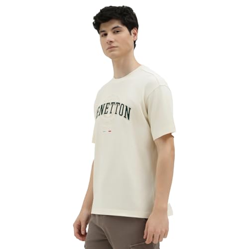 United Colors of Benetton Boxy Fit Round Neck Embroidered T-Shirt (Size : 2XL) - 26P30OEJ3221I074 Cream