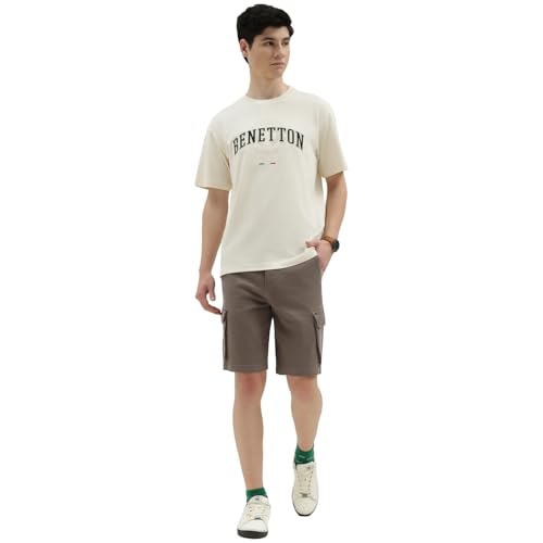 United Colors of Benetton Boxy Fit Round Neck Embroidered T-Shirt (Size : 2XL) - 26P30OEJ3221I074 Cream