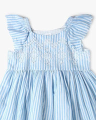 Girls' Vertical Stripes Square Neck Flutter Sleeves Princess Frock Dress, Blue, 2Y