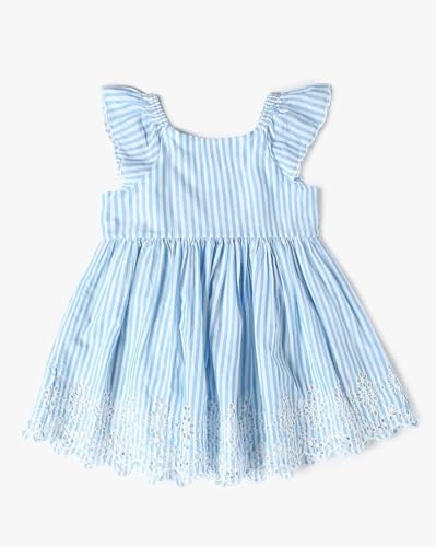 Girls' Vertical Stripes Square Neck Flutter Sleeves Princess Frock Dress, Blue, 2Y