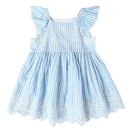 Girls' Vertical Stripes Square Neck Flutter Sleeves Princess Frock Dress, Blue, 2Y