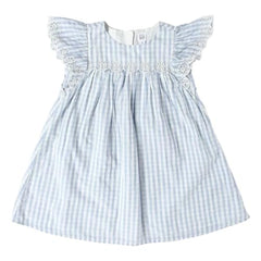 Girls' Gingham Round Neck Flutter Sleeve A-Line Dress, Blue, 2Y