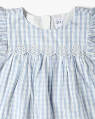 Girls' Gingham Round Neck Flutter Sleeve A-Line Dress, Blue, 2Y