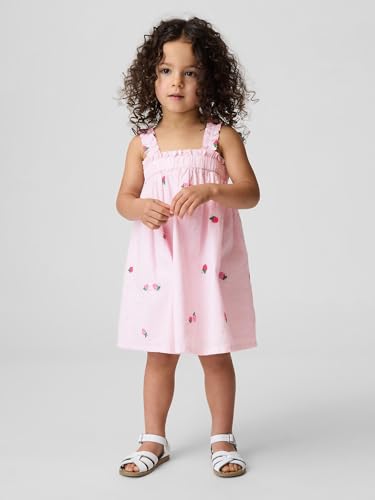 Girls' Embroidered Square Neck A-Line Dress, Pink, 2Y