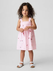 Girls' Embroidered Square Neck A-Line Dress, Pink, 2Y