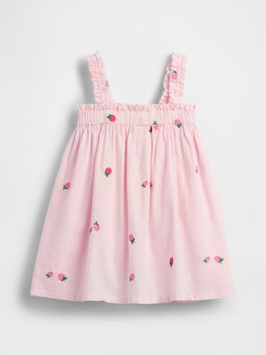 Girls' Embroidered Square Neck A-Line Dress, Pink, 2Y