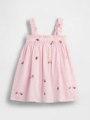 Girls' Embroidered Square Neck A-Line Dress, Pink, 2Y
