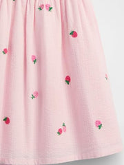 Girls' Embroidered Square Neck A-Line Dress, Pink, 2Y