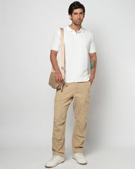 Men's Logo Print Slim Fit Polo Neck T-Shirt, Off White, L