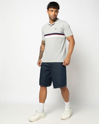 Men's Horizontal Stripes Polo Neck Slim Polo T-Shirt, Grey, L
