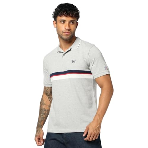 Men's Horizontal Stripes Polo Neck Slim Polo T-Shirt, Grey, L