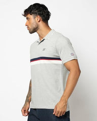 Men's Horizontal Stripes Polo Neck Slim Polo T-Shirt, Grey, L
