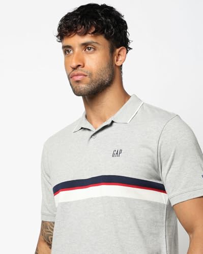 Men's Horizontal Stripes Polo Neck Slim Polo T-Shirt, Grey, L
