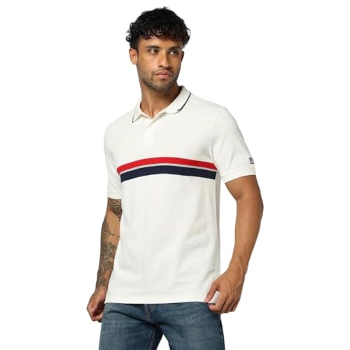 Men's Horizontal Stripes Slim Fit Polo Neck T-Shirt, Off White, L