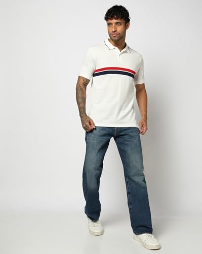Men's Horizontal Stripes Slim Fit Polo Neck T-Shirt, Off White, L