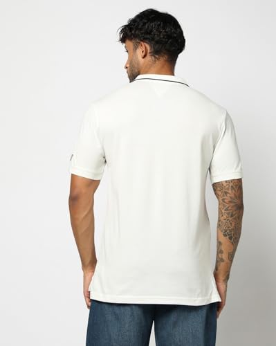 Men's Horizontal Stripes Slim Fit Polo Neck T-Shirt, Off White, L