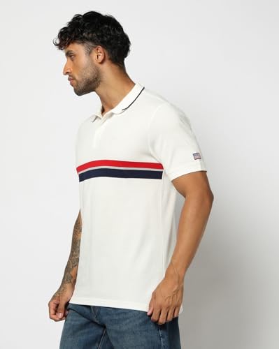 Men's Horizontal Stripes Slim Fit Polo Neck T-Shirt, Off White, L
