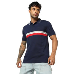 Men's Horizontal Stripes Slim Fit Polo Neck T-Shirt, Navy Blue, S