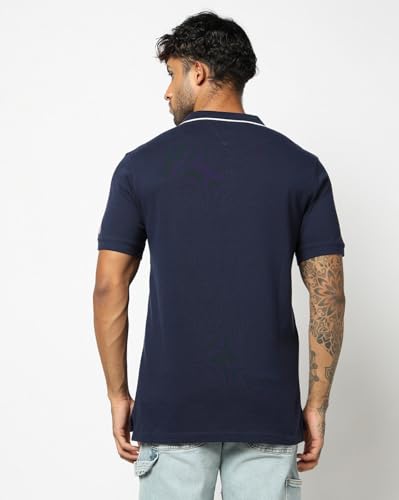 Men's Horizontal Stripes Slim Fit Polo Neck T-Shirt, Navy Blue, S