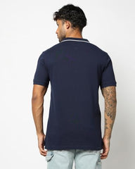Men's Horizontal Stripes Slim Fit Polo Neck T-Shirt, Navy Blue, S