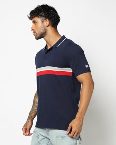 Men's Horizontal Stripes Slim Fit Polo Neck T-Shirt, Navy Blue, S