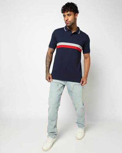 Men's Horizontal Stripes Slim Fit Polo Neck T-Shirt, Navy Blue, S
