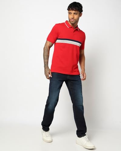 Men's Horizontal Stripes Slim Fit Polo Neck T-Shirt, Red, L