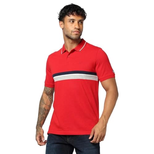 Men's Horizontal Stripes Slim Fit Polo Neck T-Shirt, Red, L