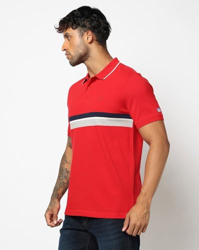 Men's Horizontal Stripes Slim Fit Polo Neck T-Shirt, Red, L