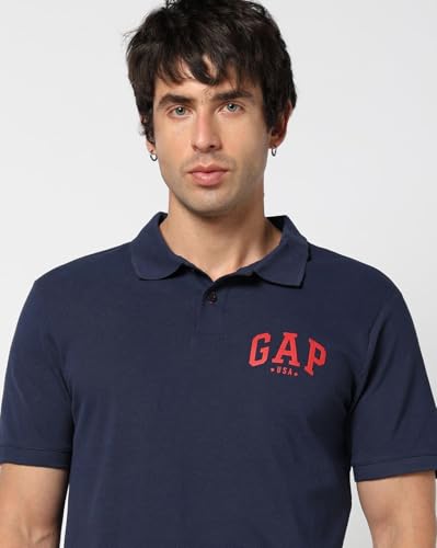 Men's Logo Print Slim Polo Neck Polo T-Shirt, Navy Blue, M