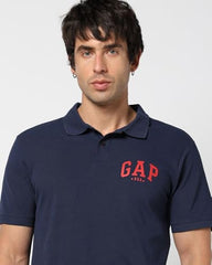 Men's Logo Print Slim Polo Neck Polo T-Shirt, Navy Blue, M