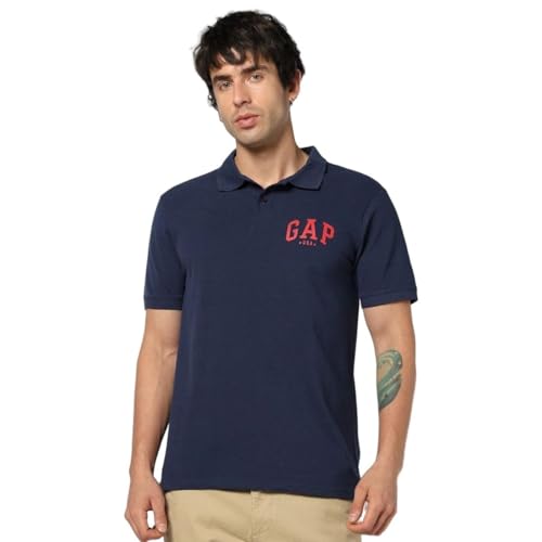 Men's Logo Print Slim Polo Neck Polo T-Shirt, Navy Blue, M