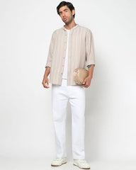 Men's Vertical Stripes Mandarin Collar Shirt, LT.Brown, M