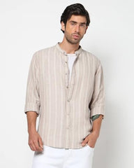 Men's Vertical Stripes Mandarin Collar Shirt, LT.Brown, M