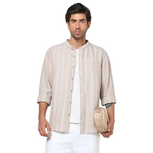 Men's Vertical Stripes Mandarin Collar Shirt, LT.Brown, M