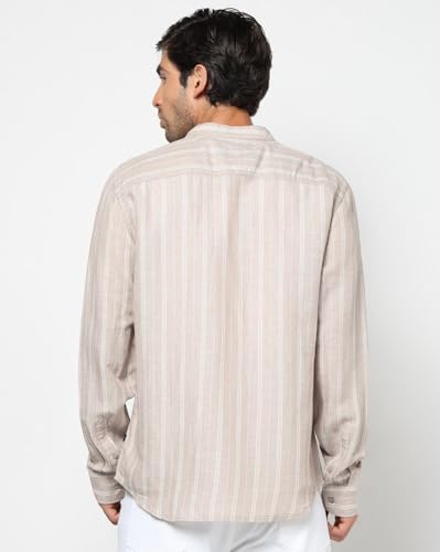 Men's Vertical Stripes Mandarin Collar Shirt, LT.Brown, M