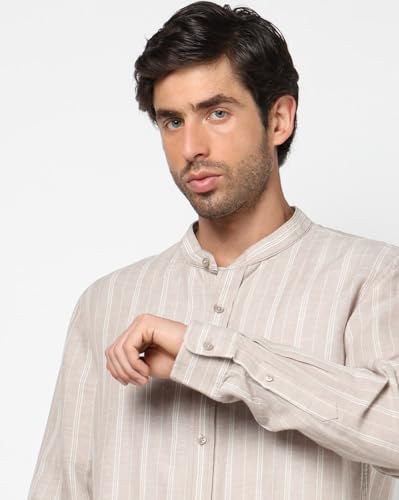 Men's Vertical Stripes Mandarin Collar Shirt, LT.Brown, M
