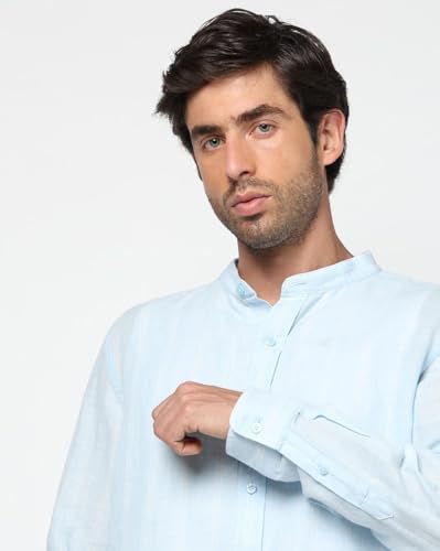 Men's Vertical Pinstripes Mandarin Collar Shirt, Blue, M