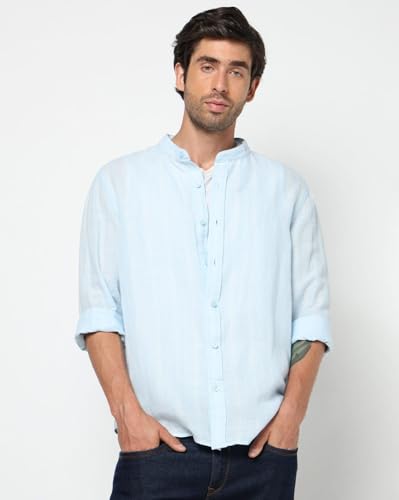 Men's Vertical Pinstripes Mandarin Collar Shirt, Blue, M