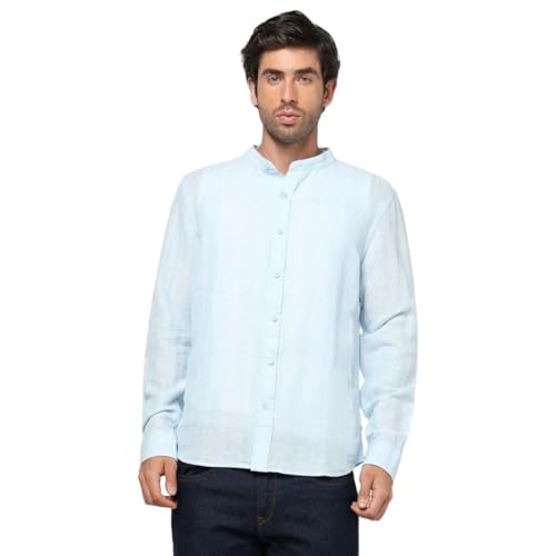 Men's Vertical Pinstripes Mandarin Collar Shirt, Blue, M