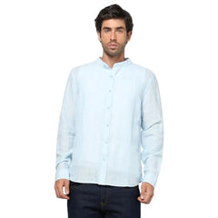 Men's Vertical Pinstripes Mandarin Collar Shirt, Blue, M