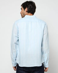 Men's Vertical Pinstripes Mandarin Collar Shirt, Blue, M