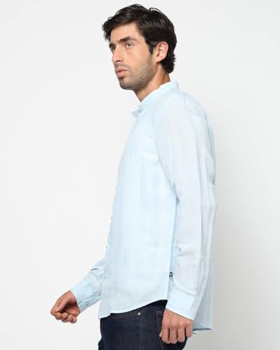 Men's Vertical Pinstripes Mandarin Collar Shirt, Blue, M