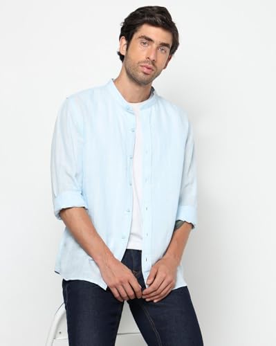 Men's Vertical Pinstripes Mandarin Collar Shirt, Blue, M