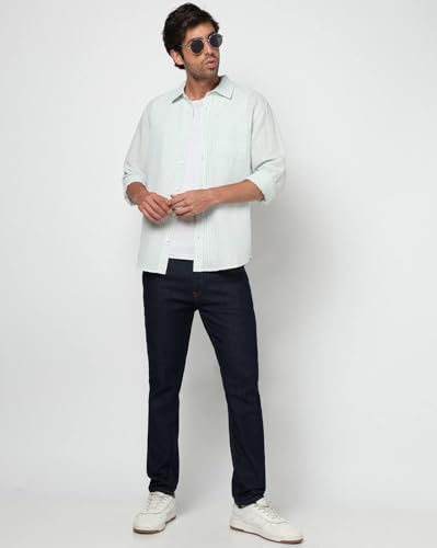 Men's Vertical Stripes Spread Collar Shirt, Blue, S
