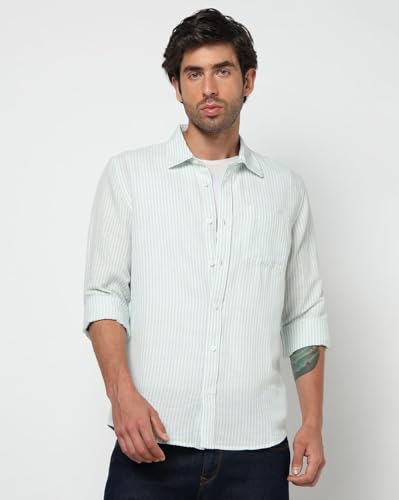 Men's Vertical Stripes Spread Collar Shirt, Blue, S