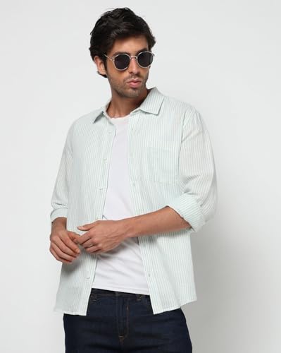 Men's Vertical Stripes Spread Collar Shirt, Blue, S