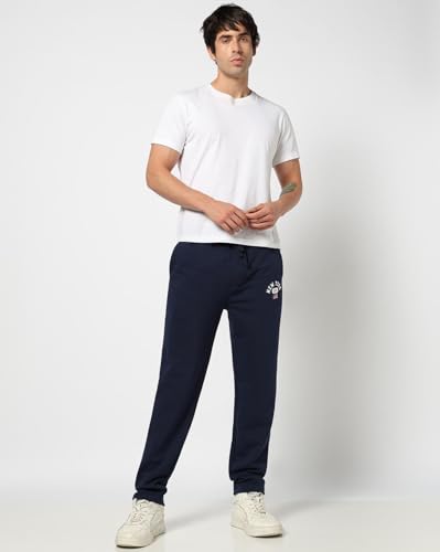 Navy blue Gap men's regular fit mid-rise joggers with elastic waistband and drawstrings, made from comfortable sportswear fabric.