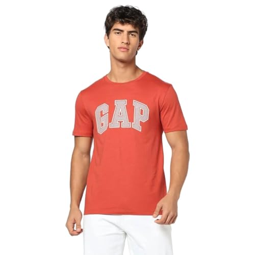 Men's Crew Neck Logo Print Half Sleeves Orange T-Shirt, Red Orange, L