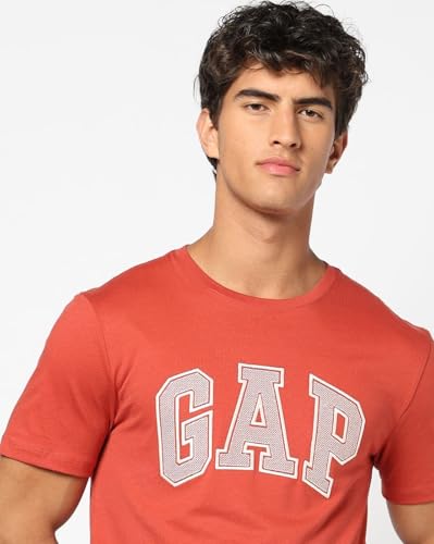 Men's Crew Neck Logo Print Half Sleeves Orange T-Shirt, Red Orange, L